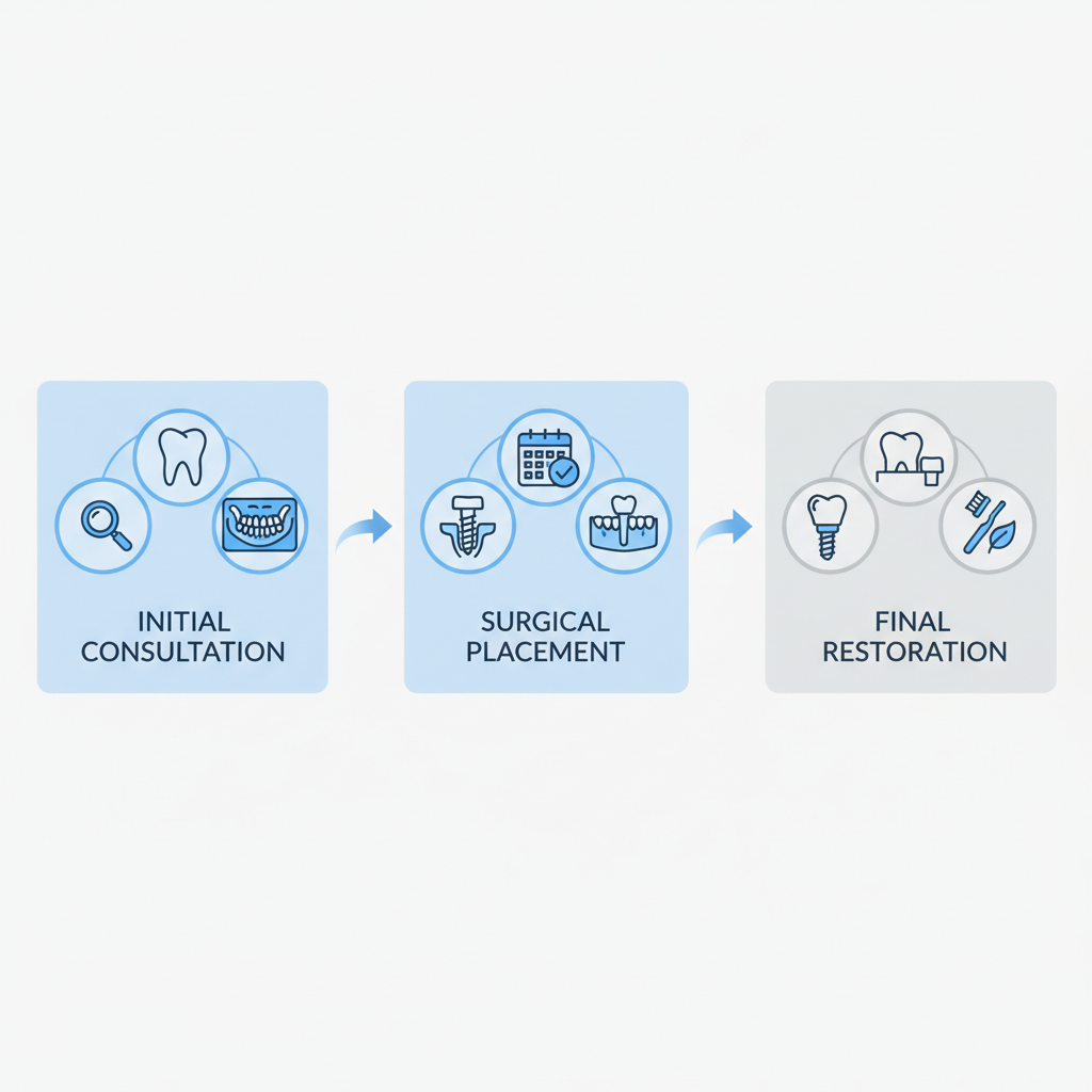 Process flow diagram illustrating the three stages of the dental implant procedure: consultation, surgery, and restoration.