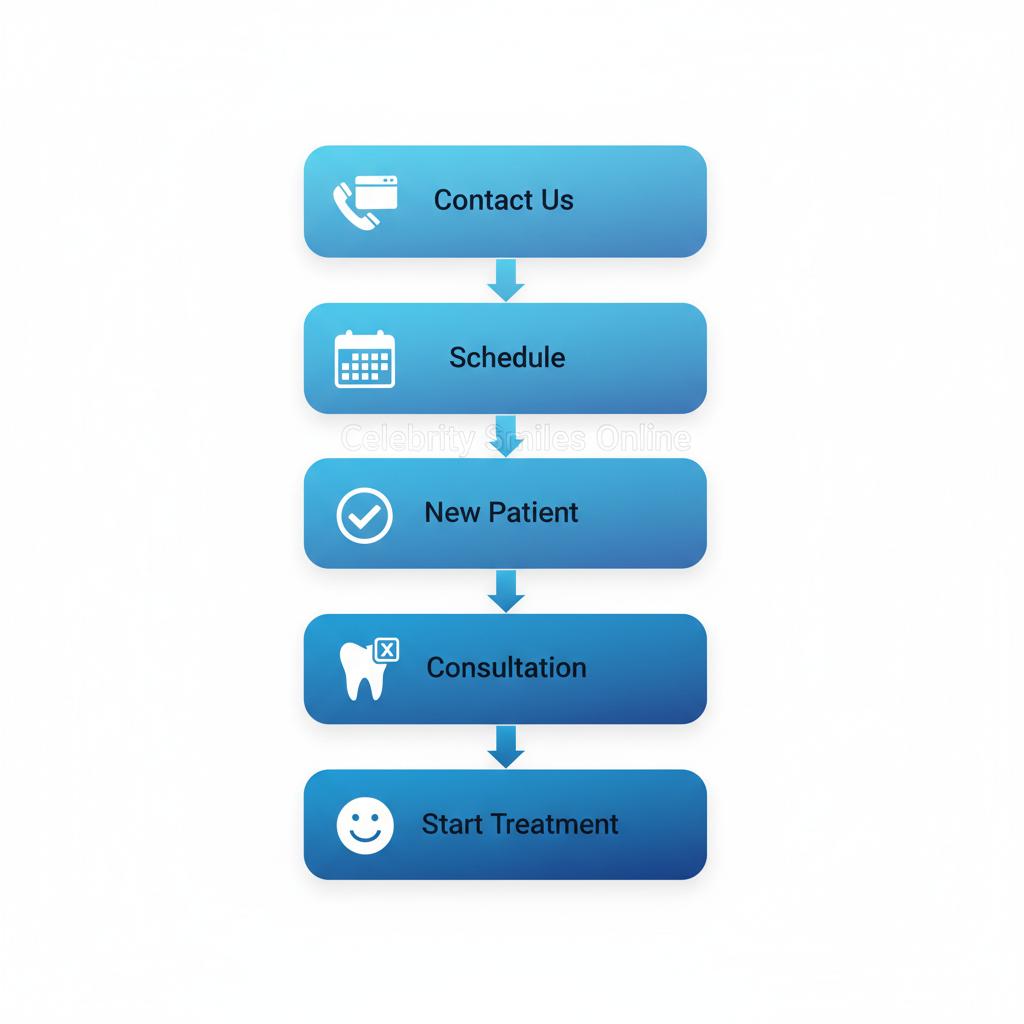 Vertical process flow diagram illustrating five steps to start dental care: contact, schedule, exam, consultation, and treatment.