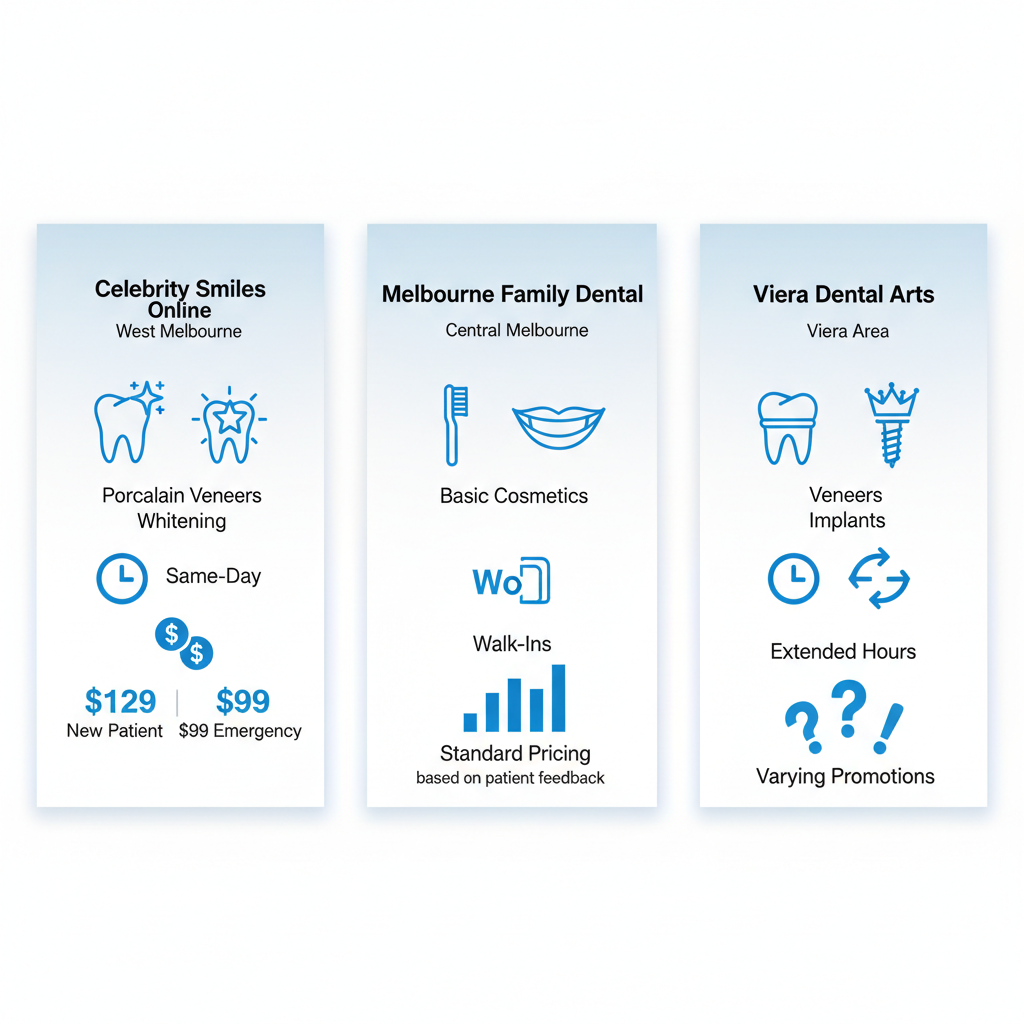 Infographic comparing dental clinics in Melbourne Florida: Celebrity Smiles Online, Melbourne Family Dental, and Viera Dental Arts with service icons, availability, and pricing.