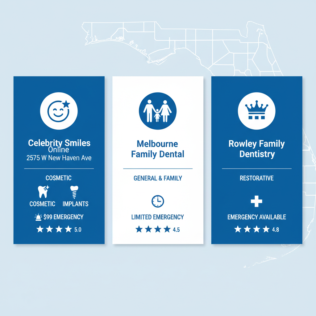 Infographic depicting top dental clinics in Melbourne, Florida including specialties, emergency services, and ratings.