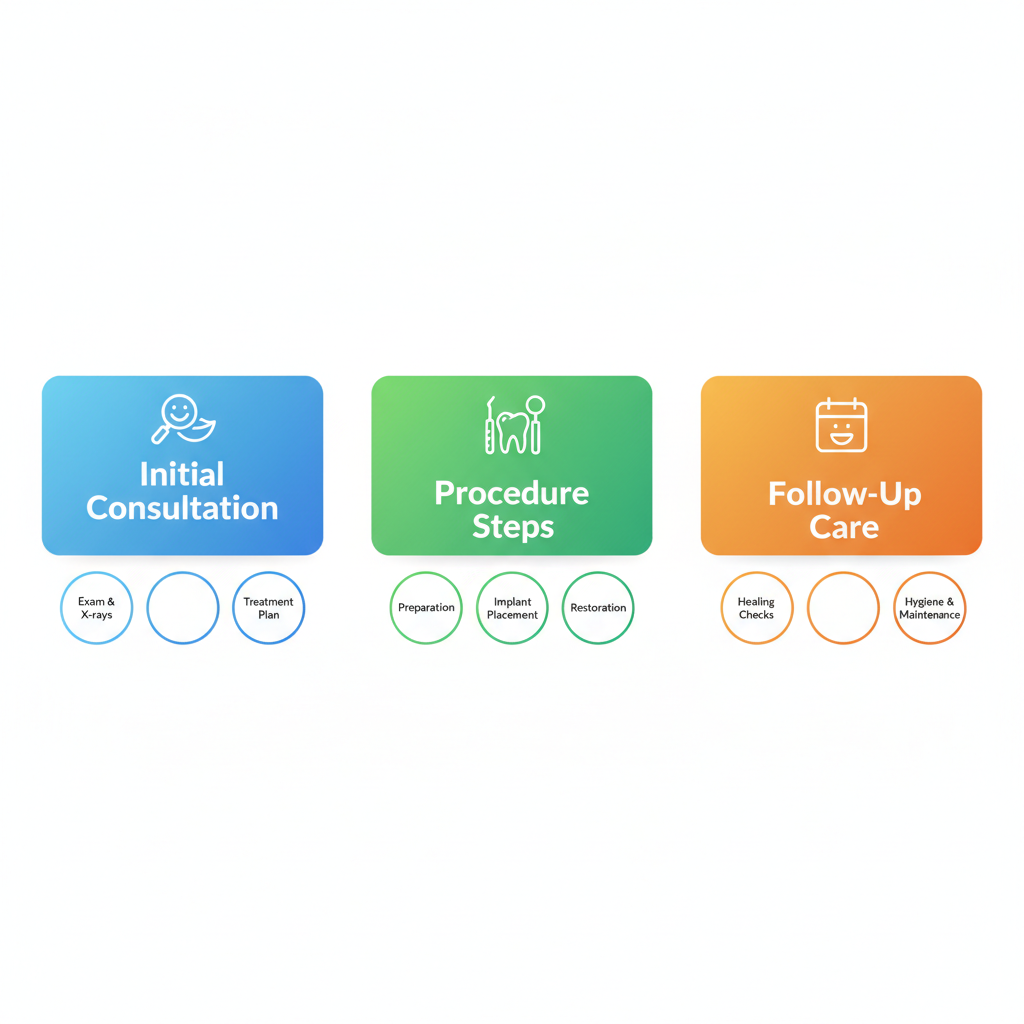 Horizontal process flow diagram showing three stages of cosmetic and implant dentistry: initial consultation, procedure steps, and follow-up care.