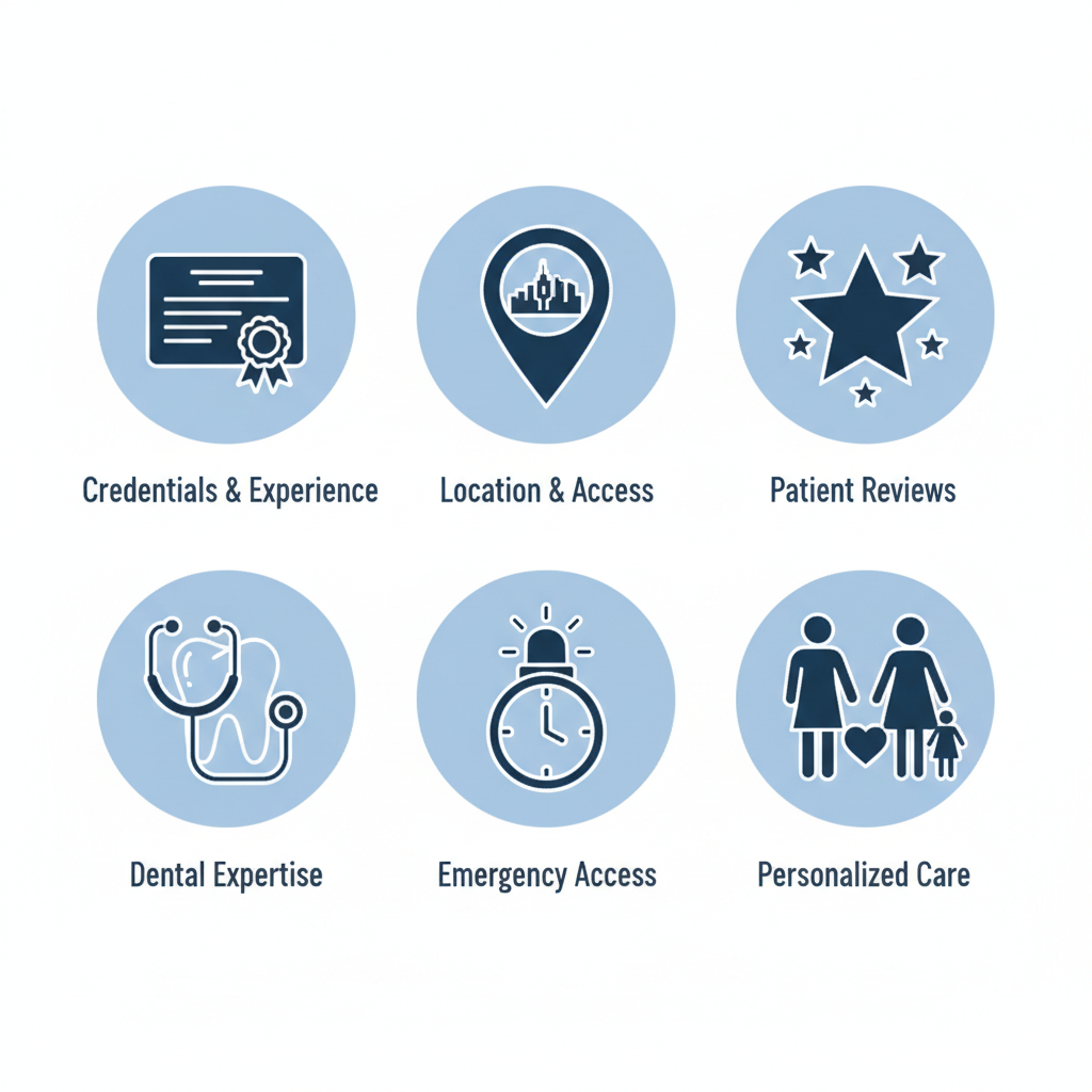 Grid of icons showing key factors for choosing a dentist: credentials, location, reviews, expertise, emergency access, and personalized care