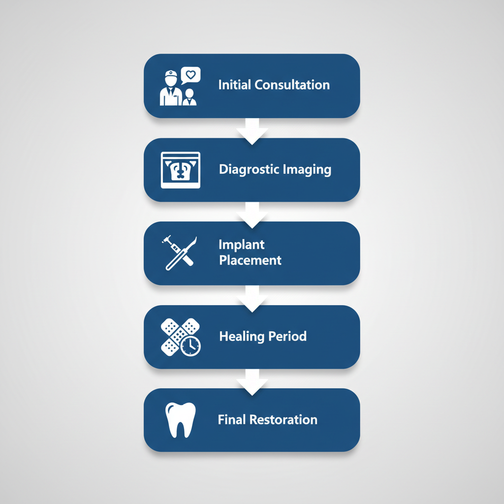 Vertical process flow diagram illustrating the five-step dental implant procedure from consultation to restoration
