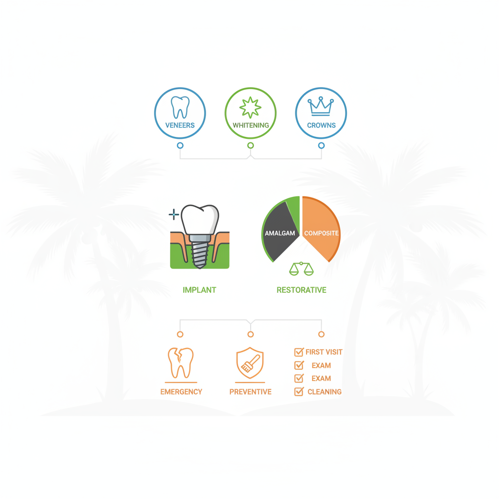 Infographic illustrating cosmetic dentistry, implants, restorative care, and emergency services available in Melbourne, Florida with icons and diagrams.