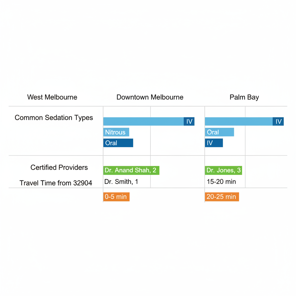 Horizontal bar chart comparing sedation dentistry availability across Melbourne neighborhoods including types, providers, and travel times.