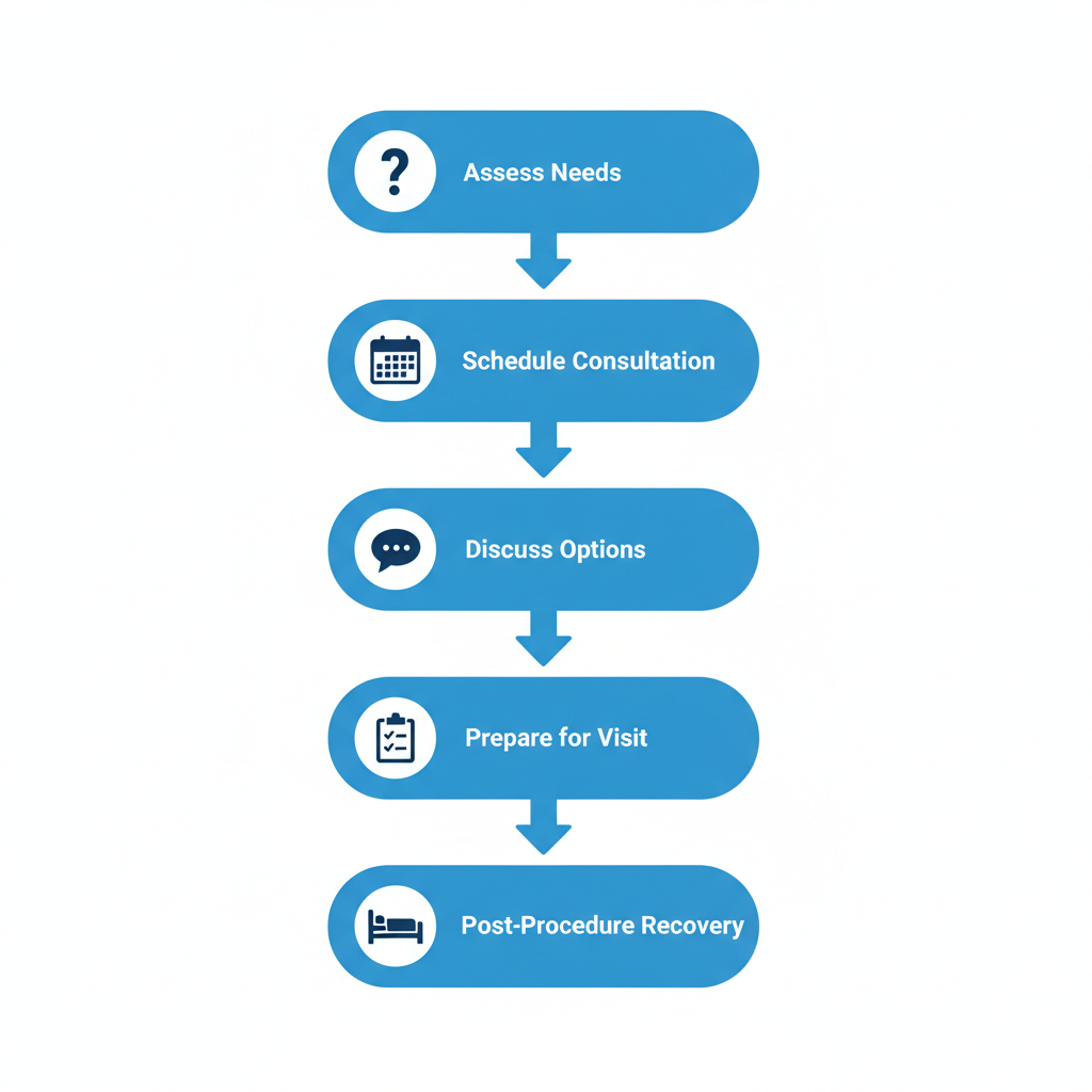Vertical process flow diagram showing five steps to access sedation dentistry services with icons and brief labels.