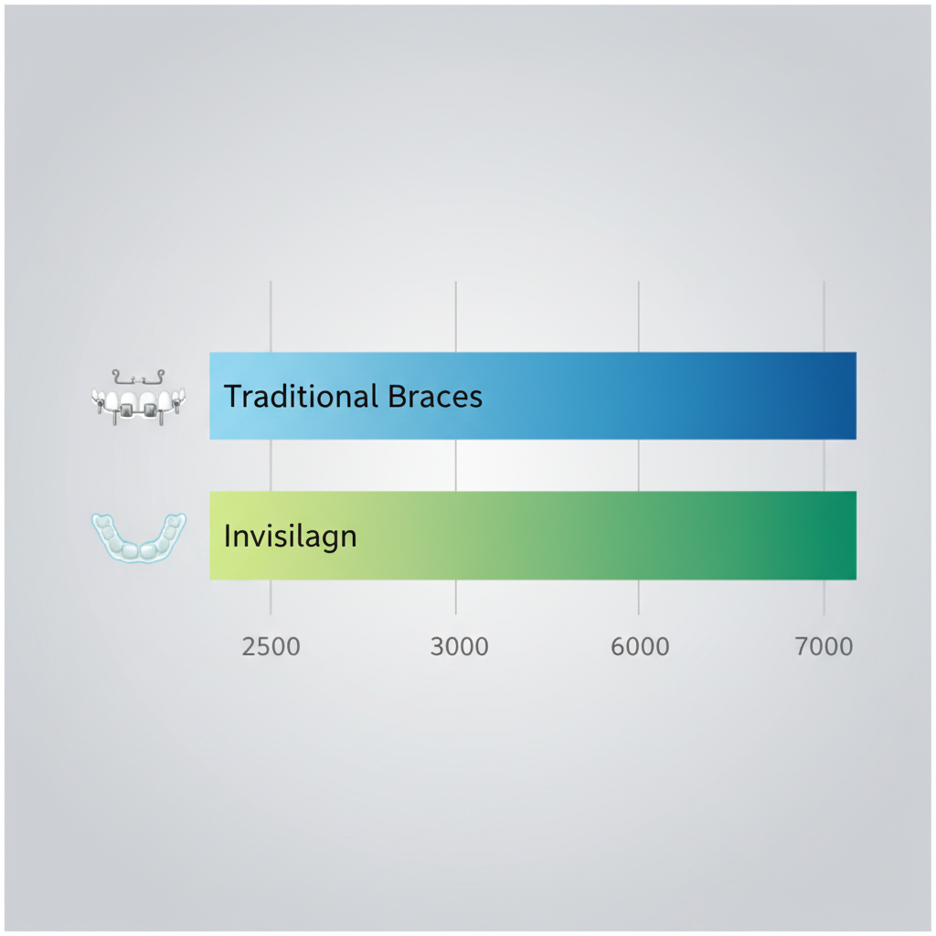 Bar chart comparing costs of traditional braces and Invisalign in Melbourne, Florida, with icons and grid lines.