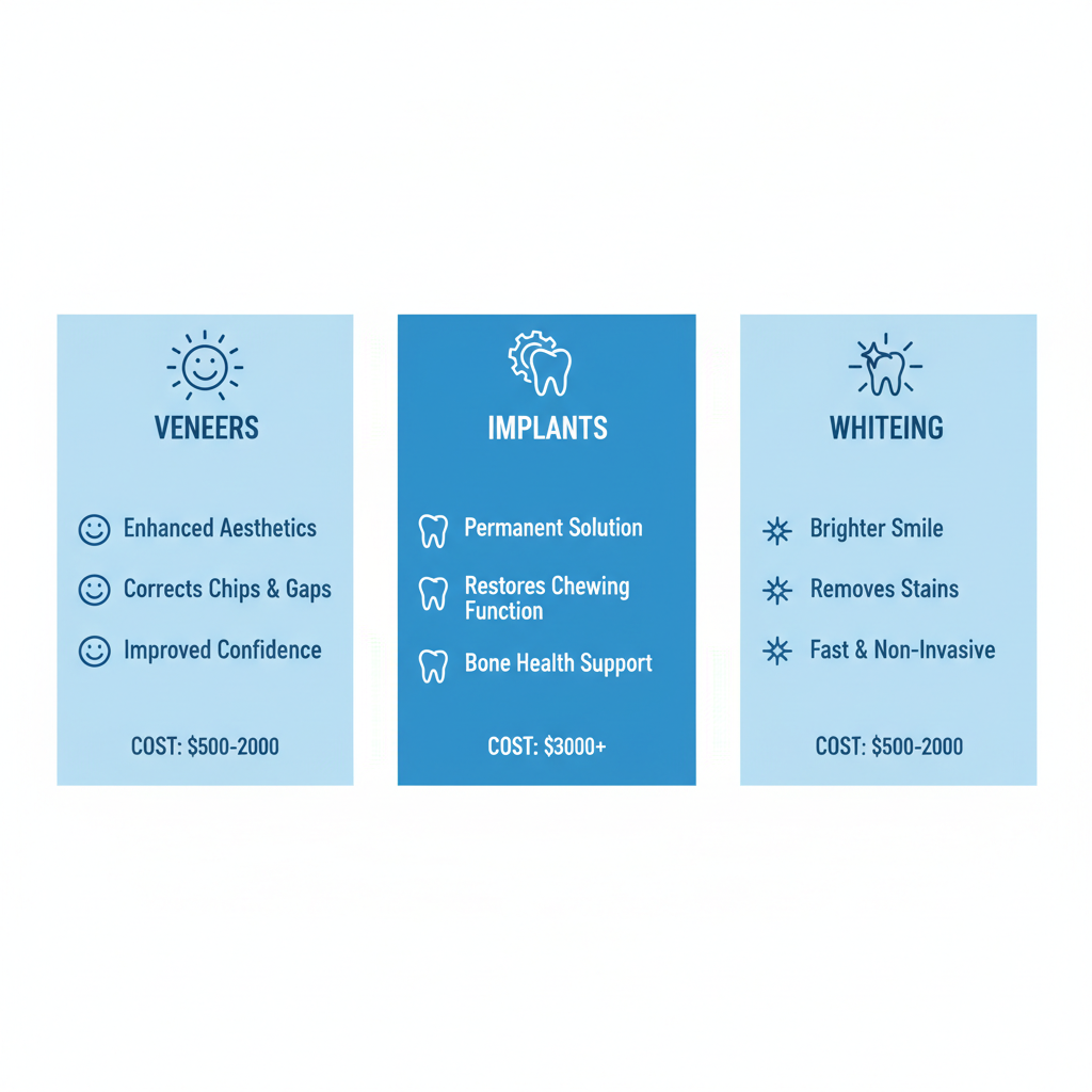 Veneers, implants, and whitening benefits with cost details for cosmetic dental services in West Melbourne.