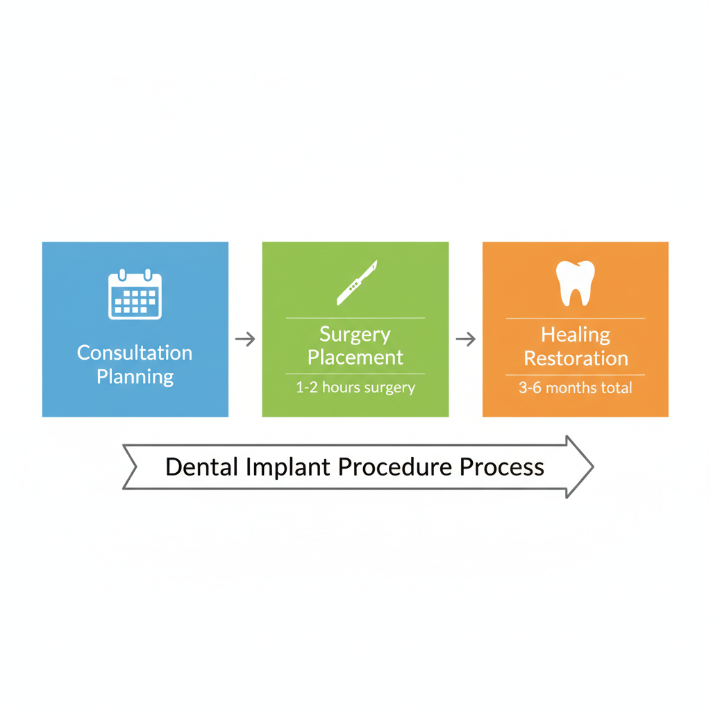 Dental implant procedure flowchart showing consultation, surgery placement, and healing restoration phases.