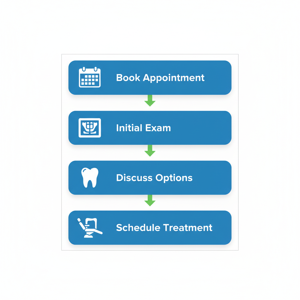 Vertical process flow diagram showing four steps to start cosmetic dentistry: booking appointment, initial exam, discussing options, and scheduling treatment with icons and arrows.