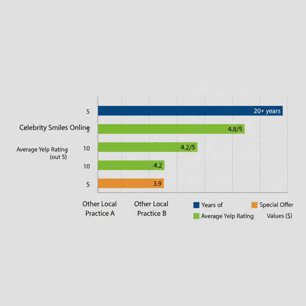 Horizontal bar chart comparing top cosmetic dentistry practices in Melbourne, Florida by experience, ratings, and special offers