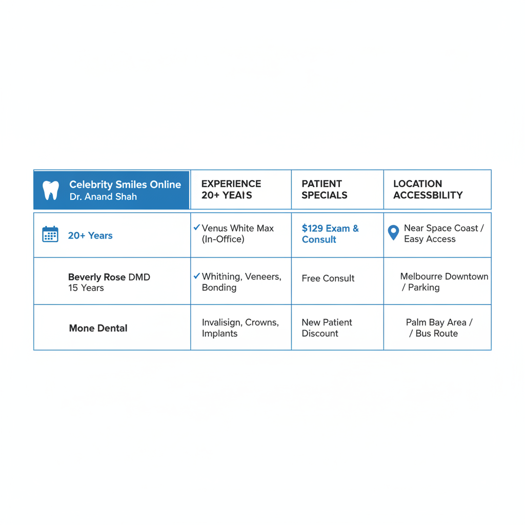 Infographic comparing cosmetic dentistry providers in Melbourne area by experience, services, specials, and accessibility
