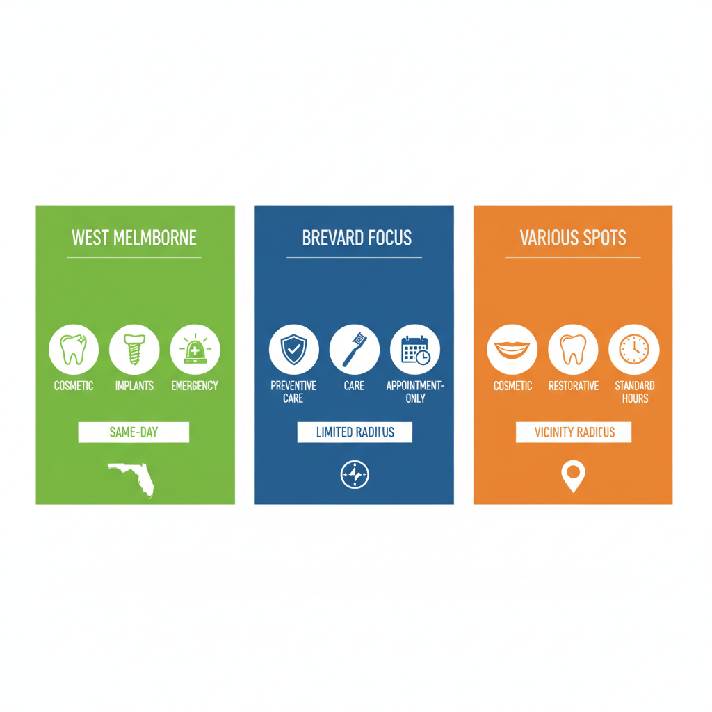 Infographic showing comparison of dental practices in Melbourne, Florida including locations, service areas, and specialties.