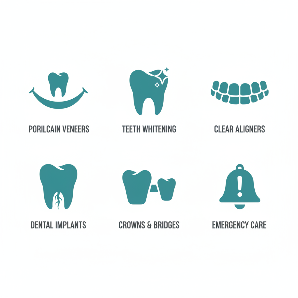 Grid of icons depicting dental services: porcelain veneers, teeth whitening, clear aligners, dental implants, crowns and bridges, emergency care.