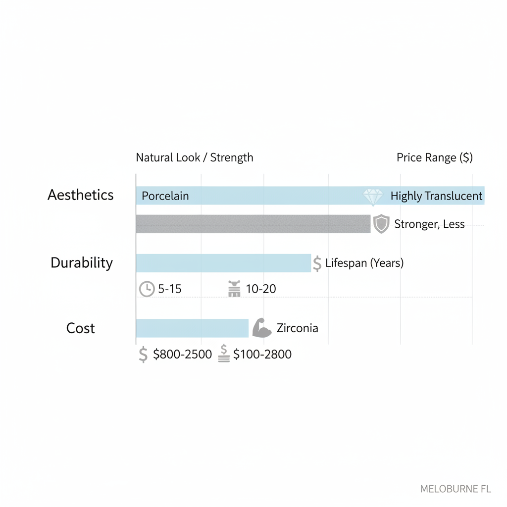 Horizontal bar chart comparing porcelain and zirconia dental crowns on aesthetics, durability, and cost