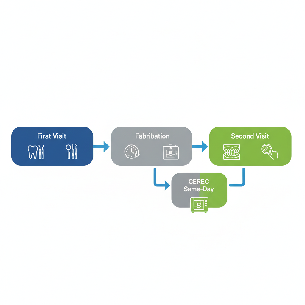 Flowchart illustrating the porcelain crown procedure steps: first visit, fabrication, CEREC same-day option, and second visit.