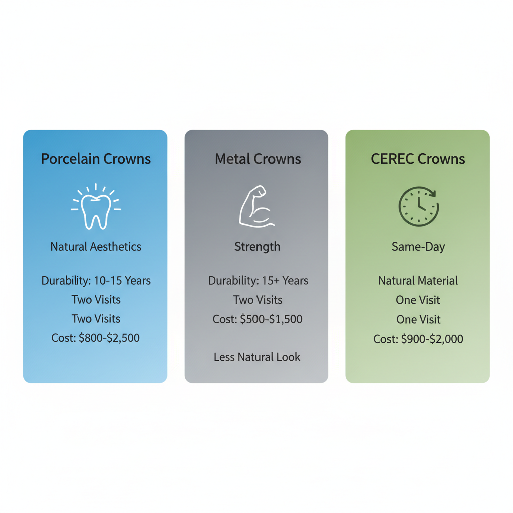 Comparison chart of porcelain, metal, and CEREC crowns detailing aesthetics, durability, visits, and costs for dental restoration.