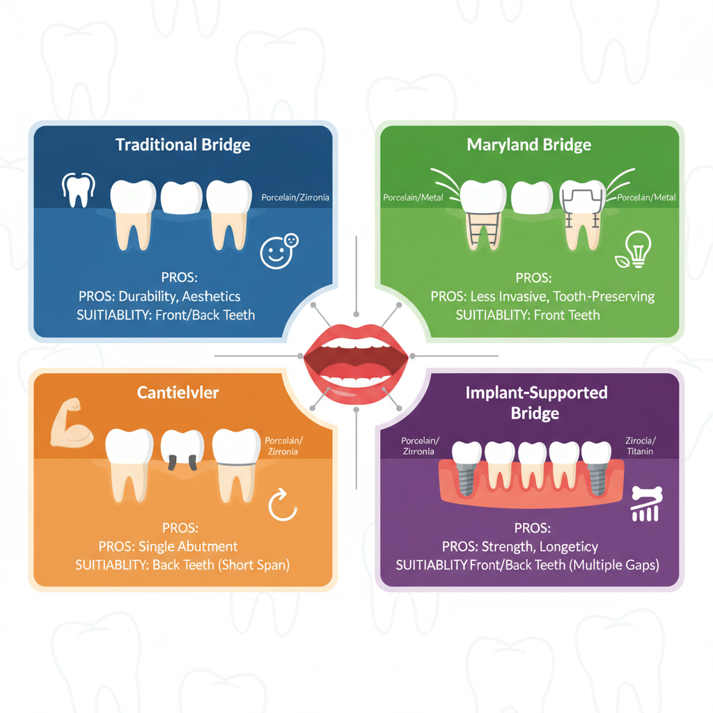 Infographic showing four types of dental bridges: traditional, Maryland, cantilever, and implant-supported, with central mouth diagram and icons.