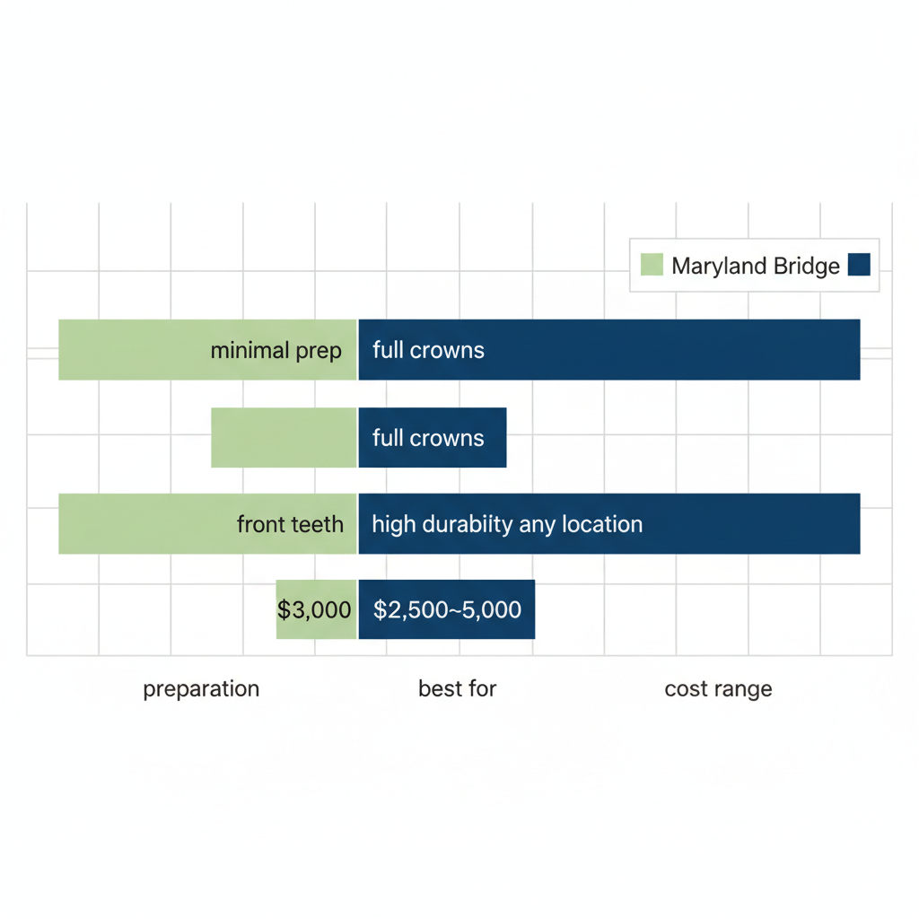 Bar chart comparing preparation, suitability, and cost ranges of Maryland and Fixed dental bridges