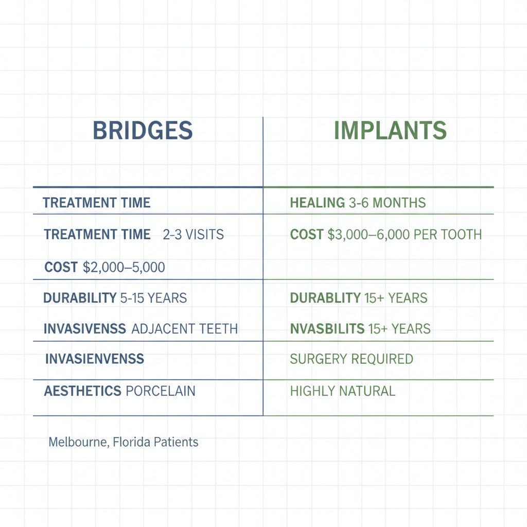 Side-by-side comparison chart of dental bridges and implants showing treatment time, cost, durability, invasiveness, and aesthetics.