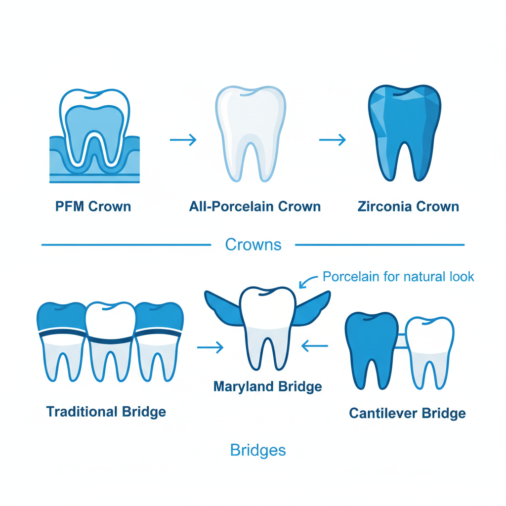 Infographic showing various types of dental crowns and bridges with icons and labels