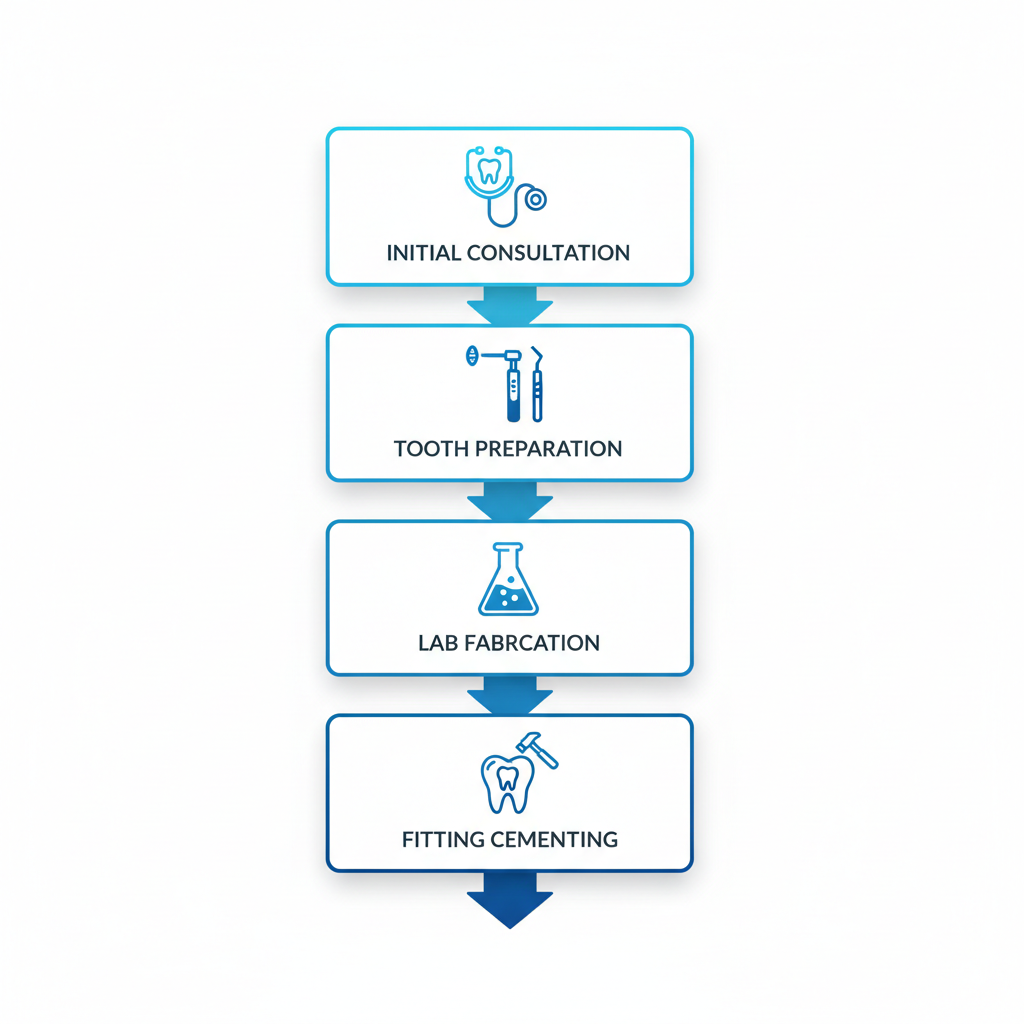Vertical process flow diagram illustrating the four steps of dental crowns and bridges placement