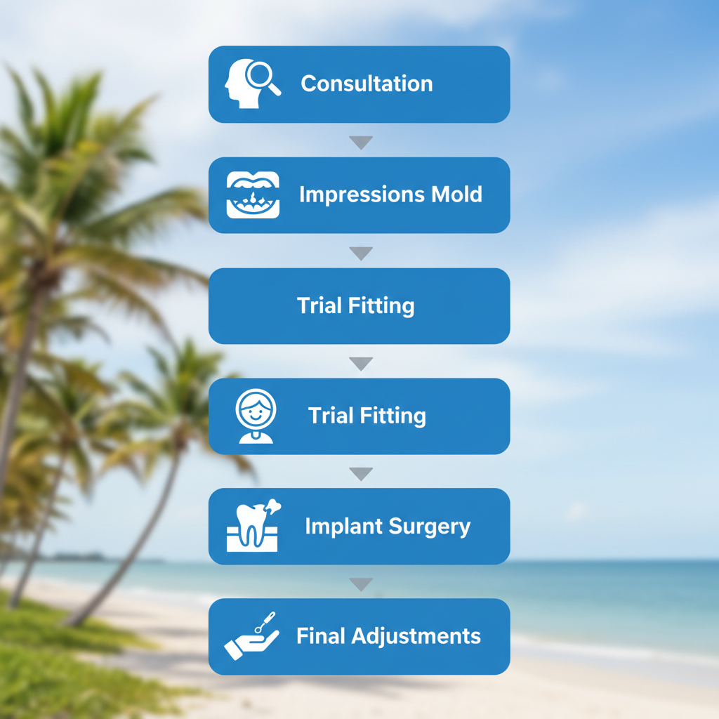 Vertical process flow diagram illustrating five stages of denture fitting process in Melbourne, Florida