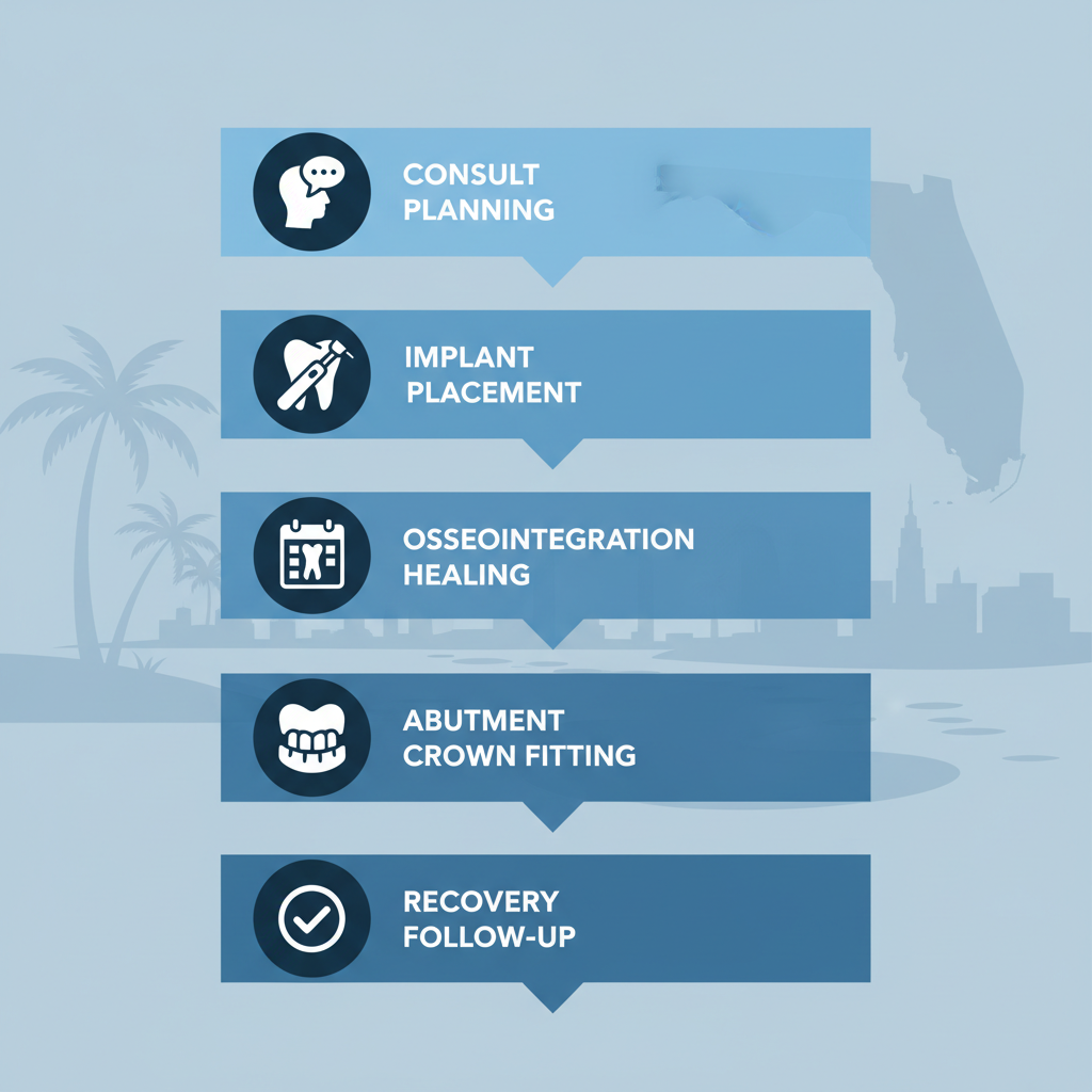 Dental implant procedure steps including consultation, placement, healing, and recovery, with a Florida skyline backdrop.