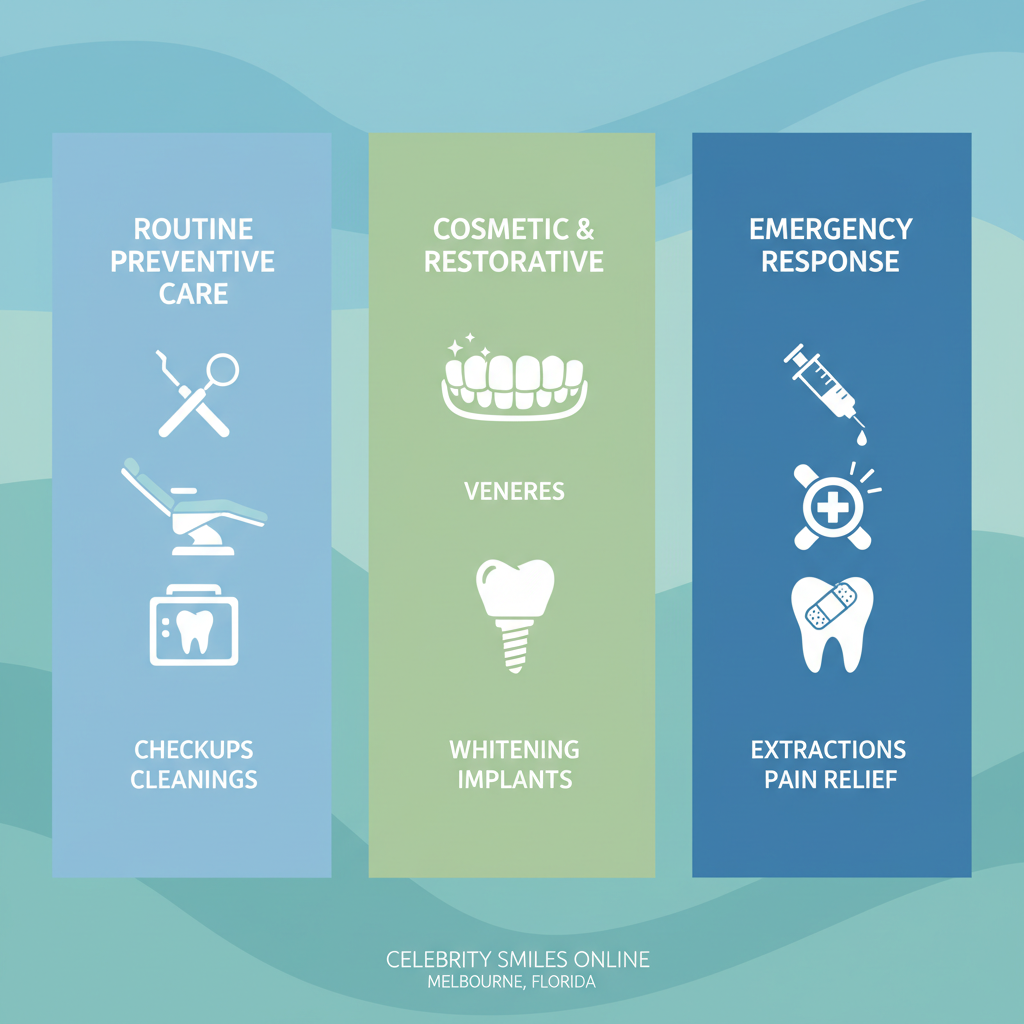 Infographic outlining dental services: routine preventive care, cosmetic and restorative options, and emergency response at Celebrity Smiles, Melbourne.
