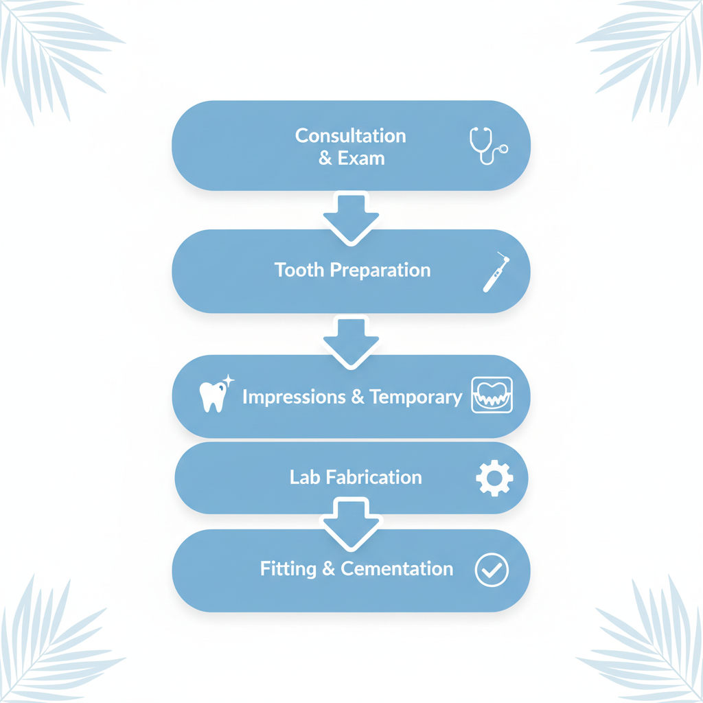 Vertical process flow diagram illustrating the step-by-step procedure for dental crown placement with icons and labels