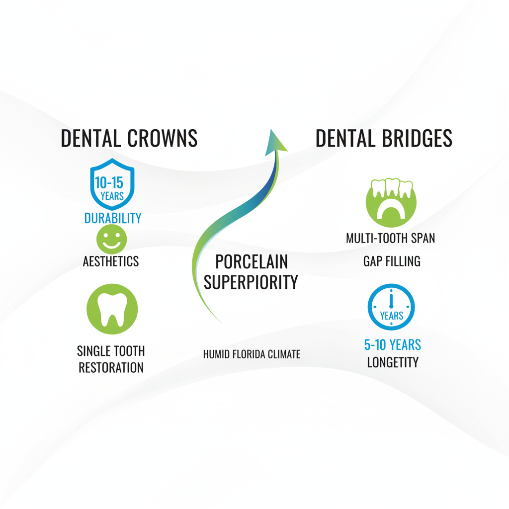 Landscape infographic comparing dental crowns and bridges advantages with icons for durability, aesthetics, function, and stats.