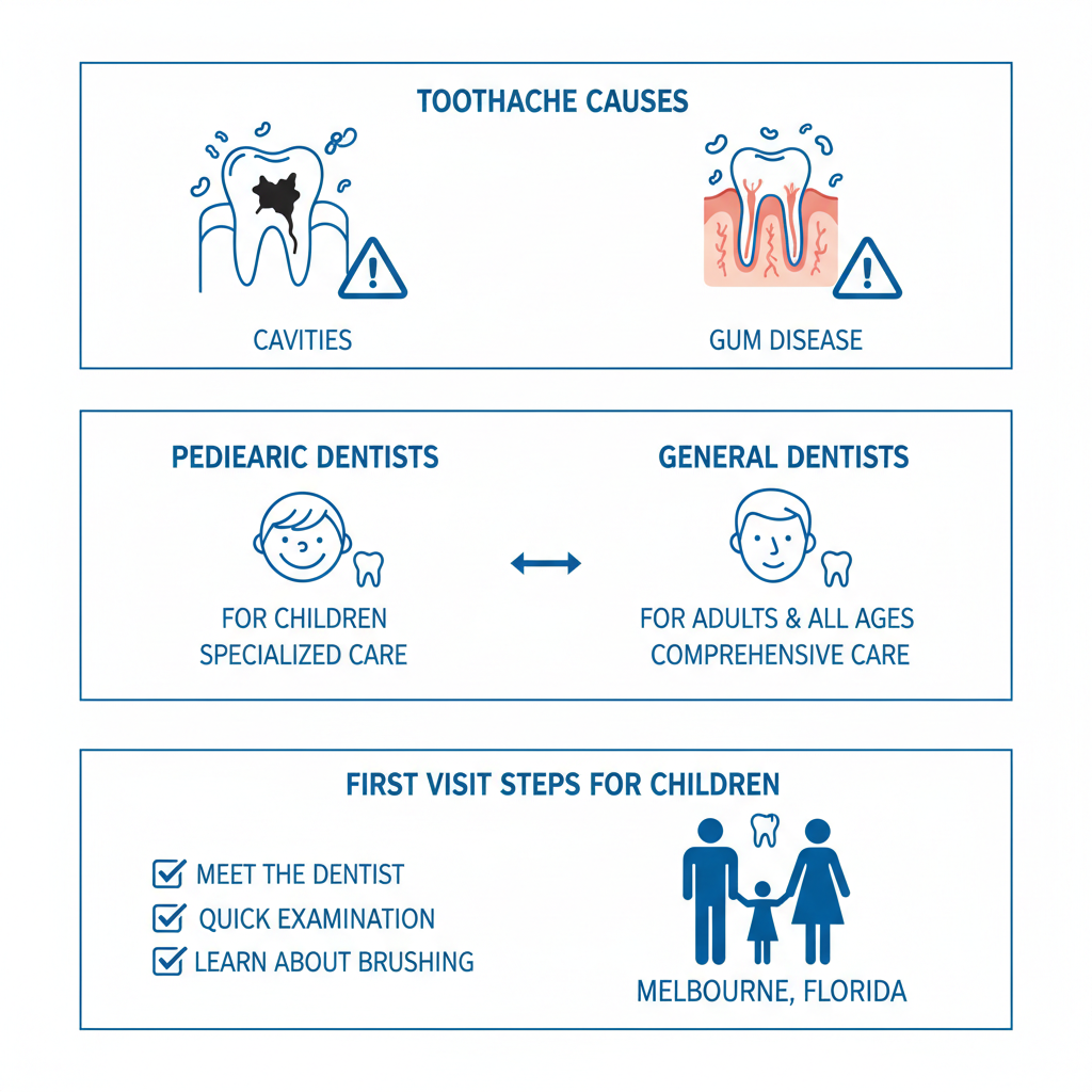 Infographic illustrating common dental issues, pediatric vs general dentistry comparisons, and children's first visit steps in Melbourne, Florida