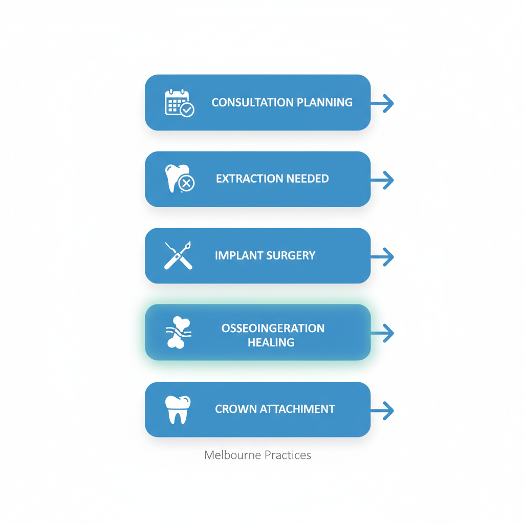 Process flow diagram illustrating five stages of dental implant placement with icons and minimal labels.