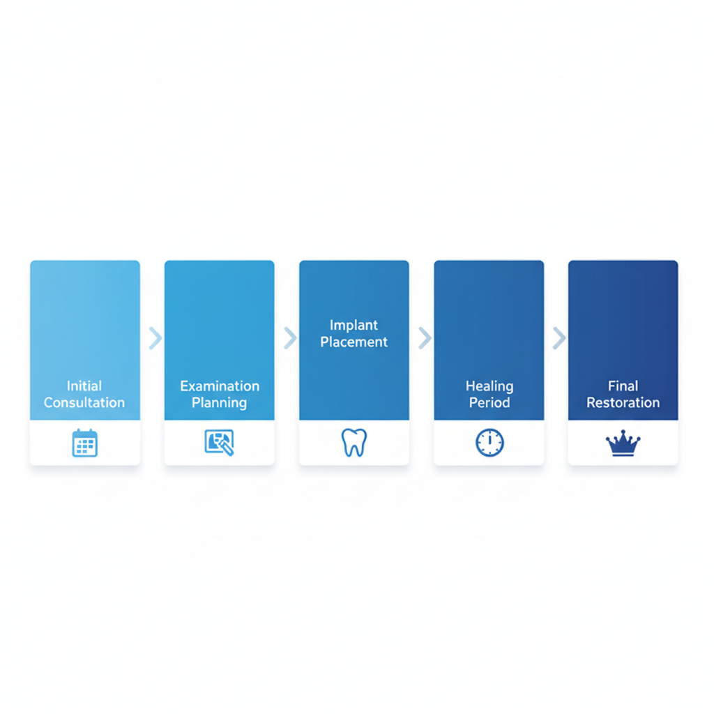 Horizontal process flow diagram illustrating the dental implant procedure steps including consultation, examination, surgery, healing, and restoration at Celebrity Smiles Online.