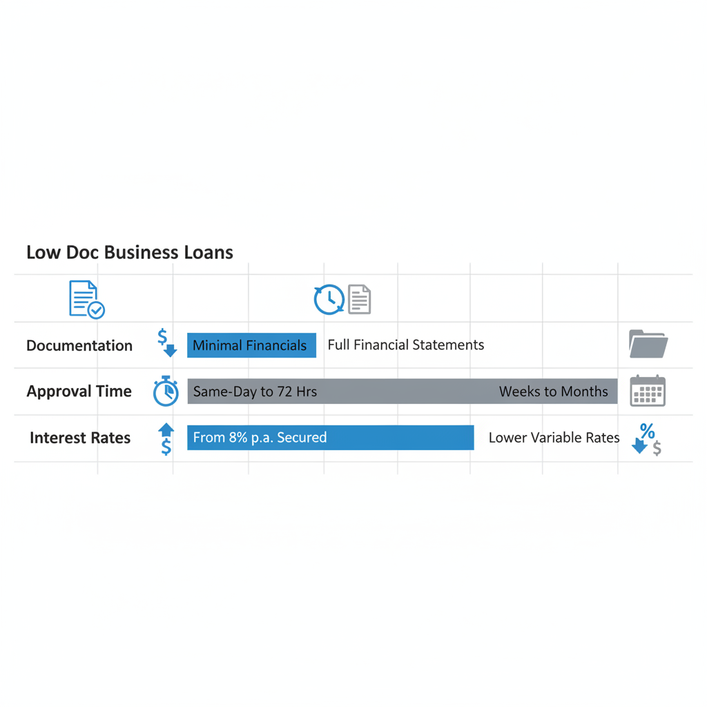 Horizontal bar chart comparing low doc business loans and traditional loans on documentation, approval time, and interest rates