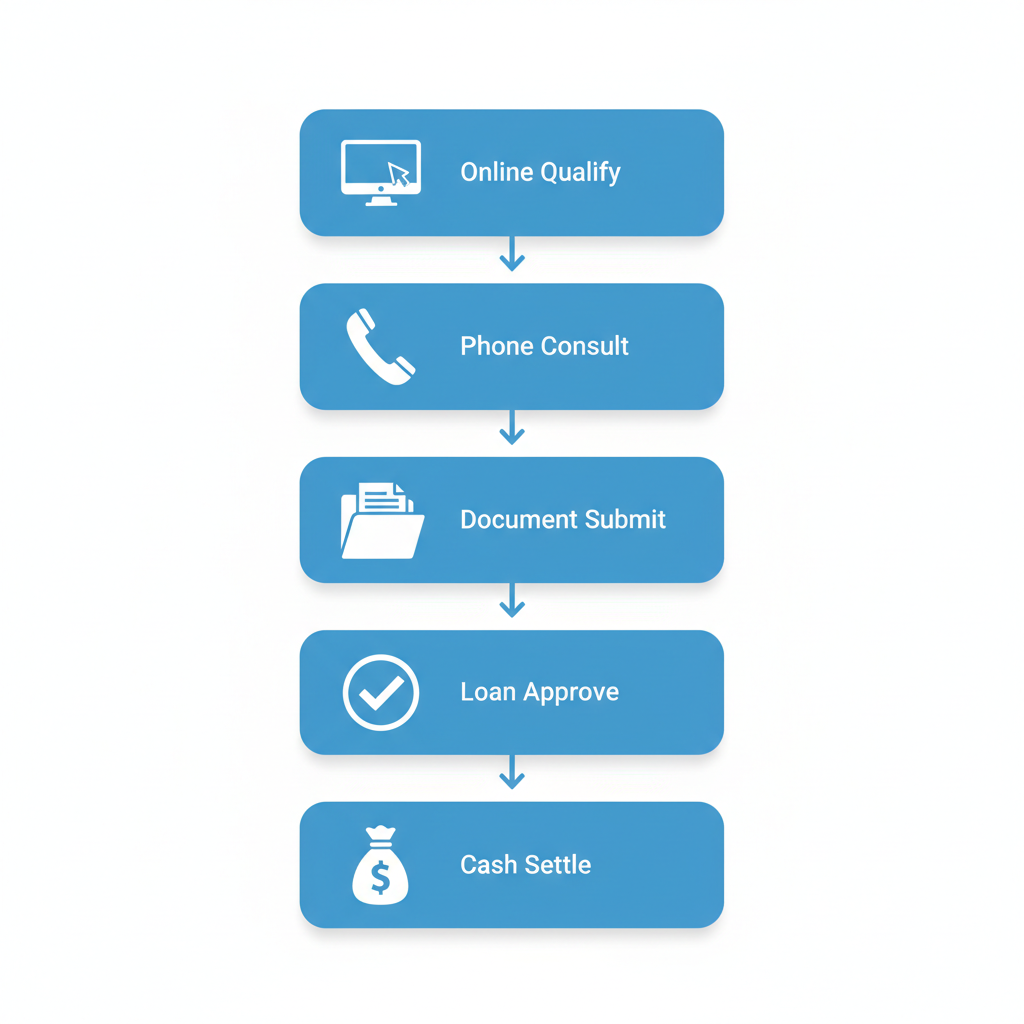 Vertical process flow diagram illustrating five steps for cashflow lending application: online qualification, phone consult, document submission, approval, and settlement.