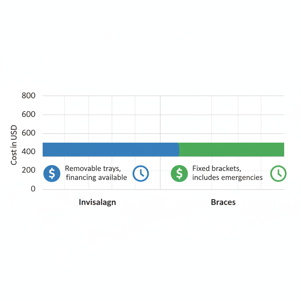 Horizontal bar chart comparing estimated costs of Invisalign and traditional braces orthodontic options in Melbourne, Florida, showing price ranges and key features.