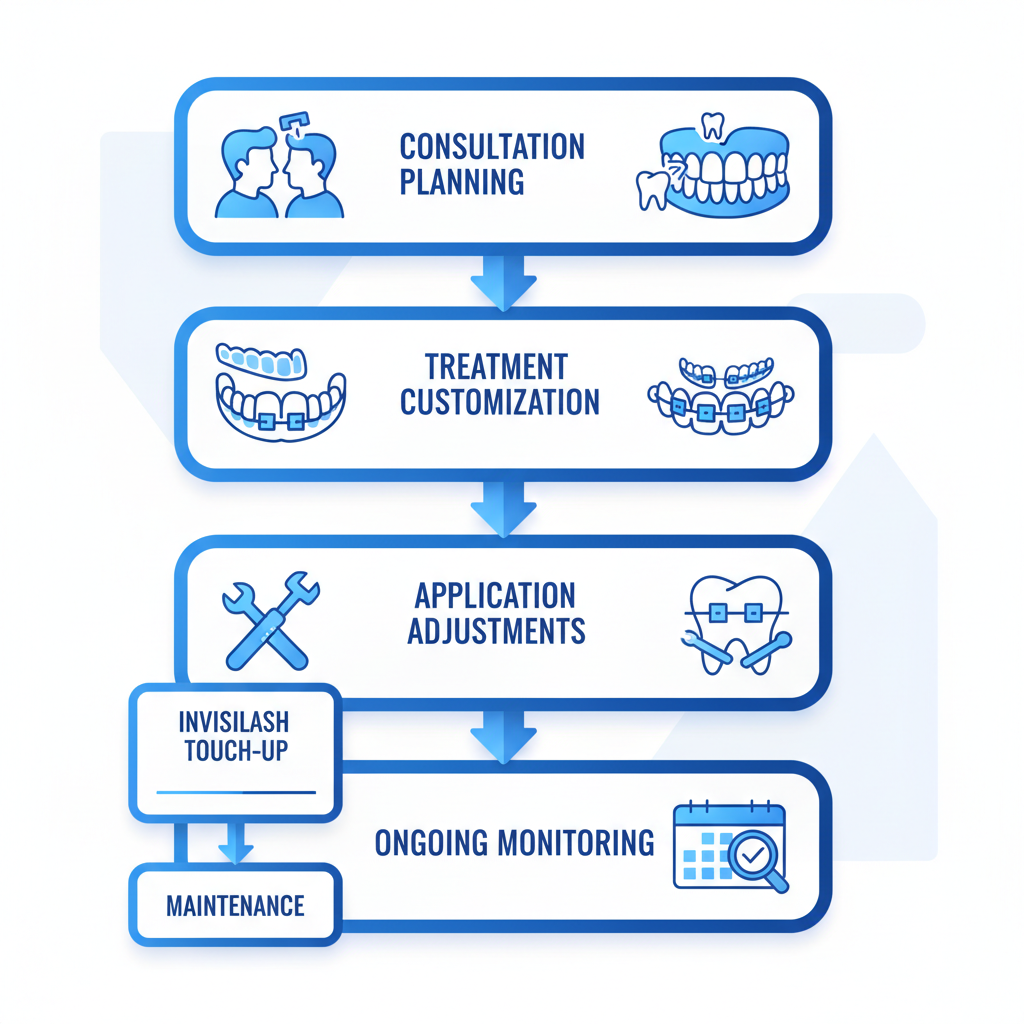 Vertical process flow diagram illustrating the four key steps in orthodontic treatments: consultation, customization, application, and monitoring at a dental practice.