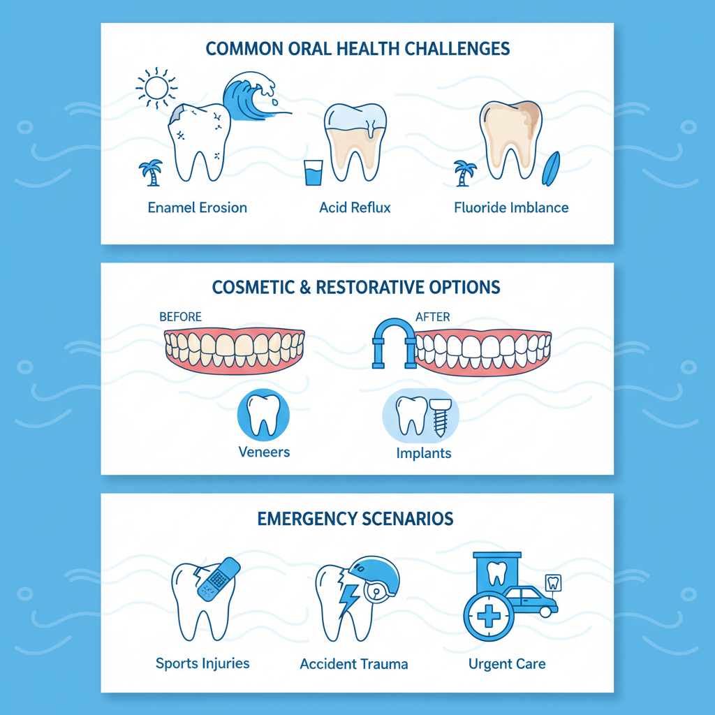 Infographic showing common dental challenges, cosmetic options, and emergency care needs in Melbourne, Florida