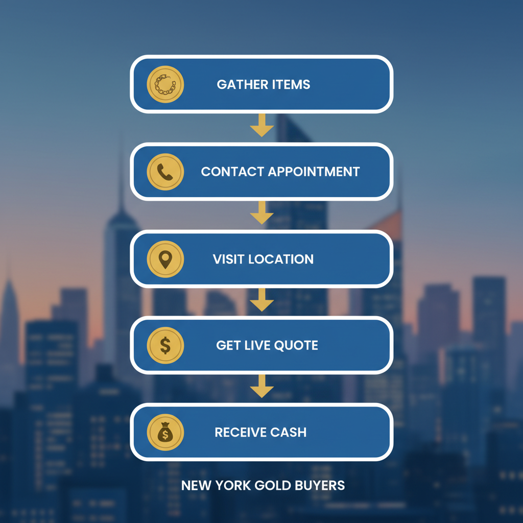 Vertical process flow diagram showing five steps to sell gold: gather items, contact for appointment, visit location, get quote, receive cash with icons and arrows.