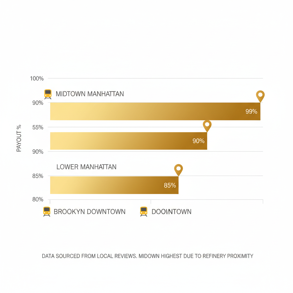 Bar chart comparing average gold buying payout percentages across NYC areas: Midtown highest at 99%.