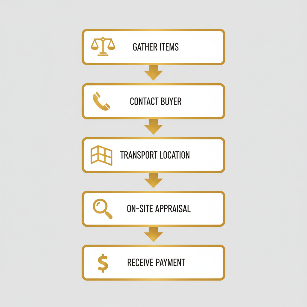 Vertical process flow diagram illustrating five steps for selling gold in New York: gathering items, contacting buyer, transporting to location, on-site appraisal, and receiving payment.