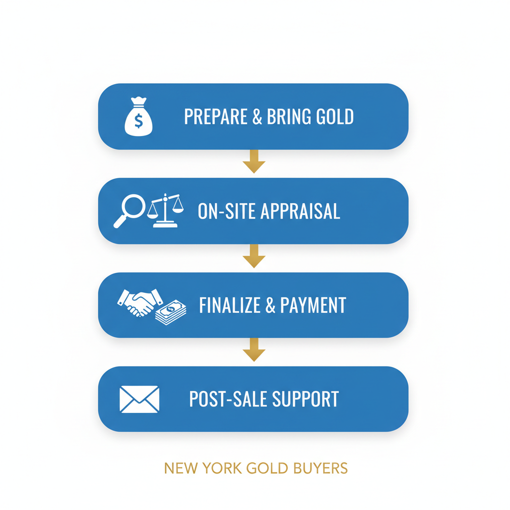 Vertical process flow diagram illustrating the four-step process for selling gold at New York Gold Buyers, including preparation, appraisal, payment, and support.