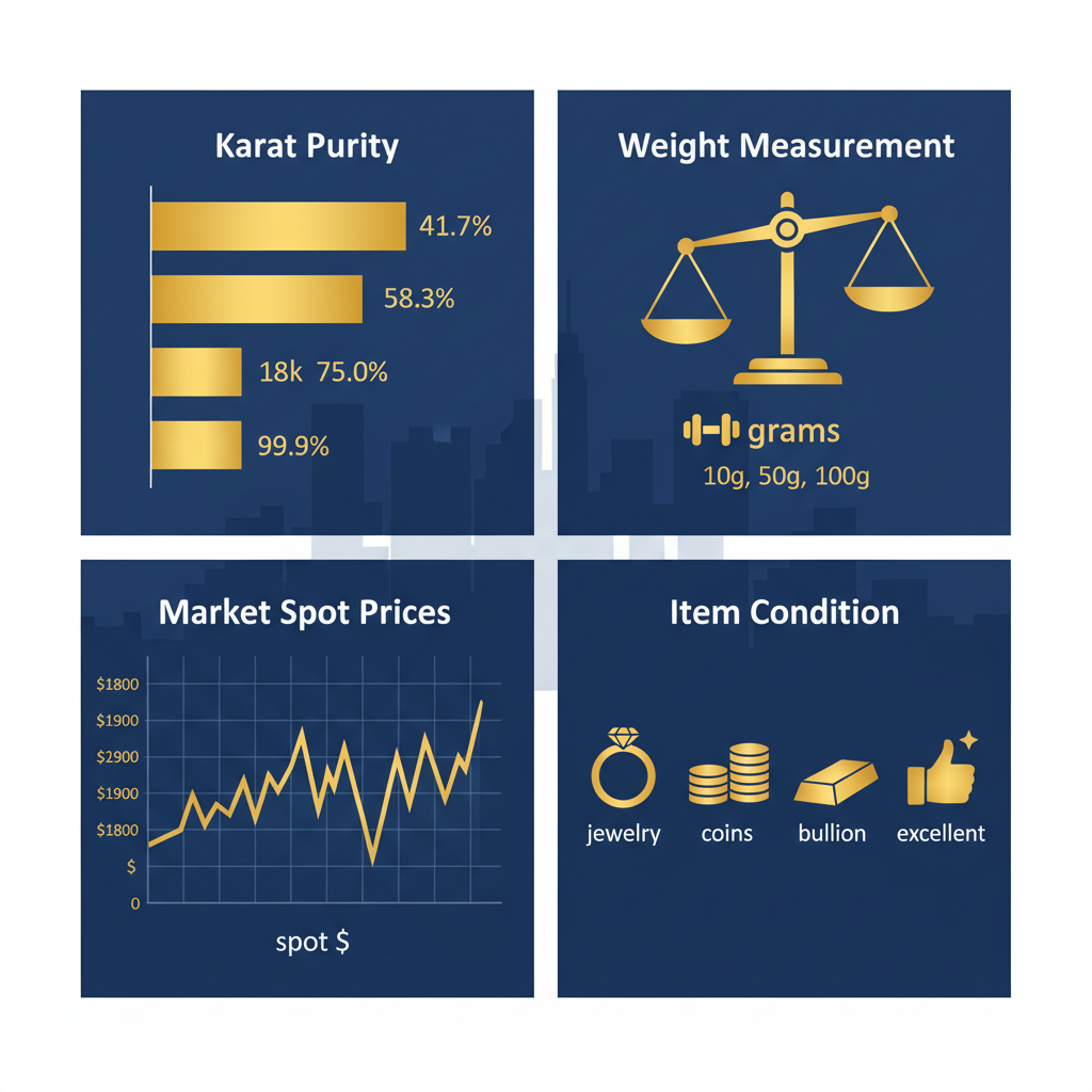 Infographic illustrating four key factors in gold valuation: karat purity, weight, market prices, and item condition for New York sellers.