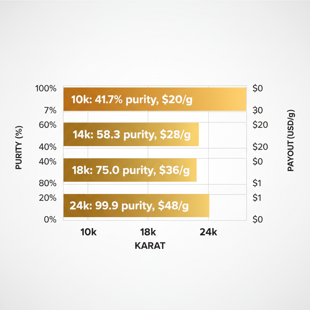 Bar chart illustrating gold karat values, purity percentages, and typical New York payouts per gram