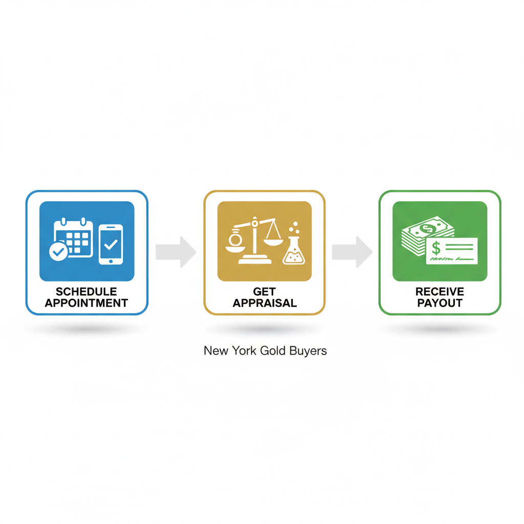 Horizontal process flow diagram illustrating the three steps to sell gold jewelry for cash: scheduling, appraisal, and payout.
