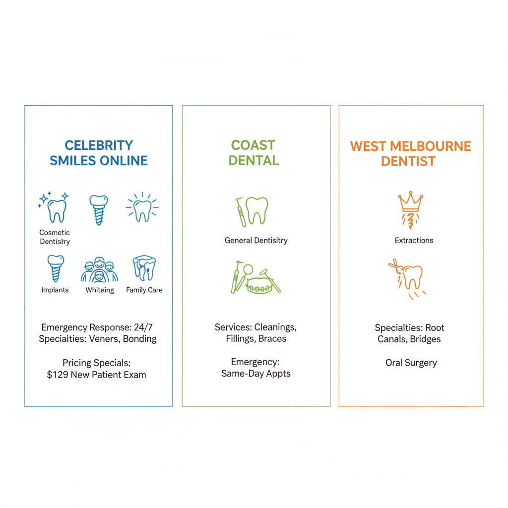 Infographic comparing dental services and specialties of three practices in West Melbourne, Florida