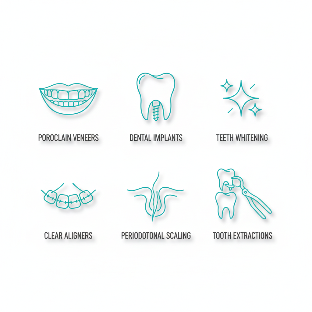 Icons depicting available dental services: veneers, implants, whitening, aligners, scaling, and extractions.