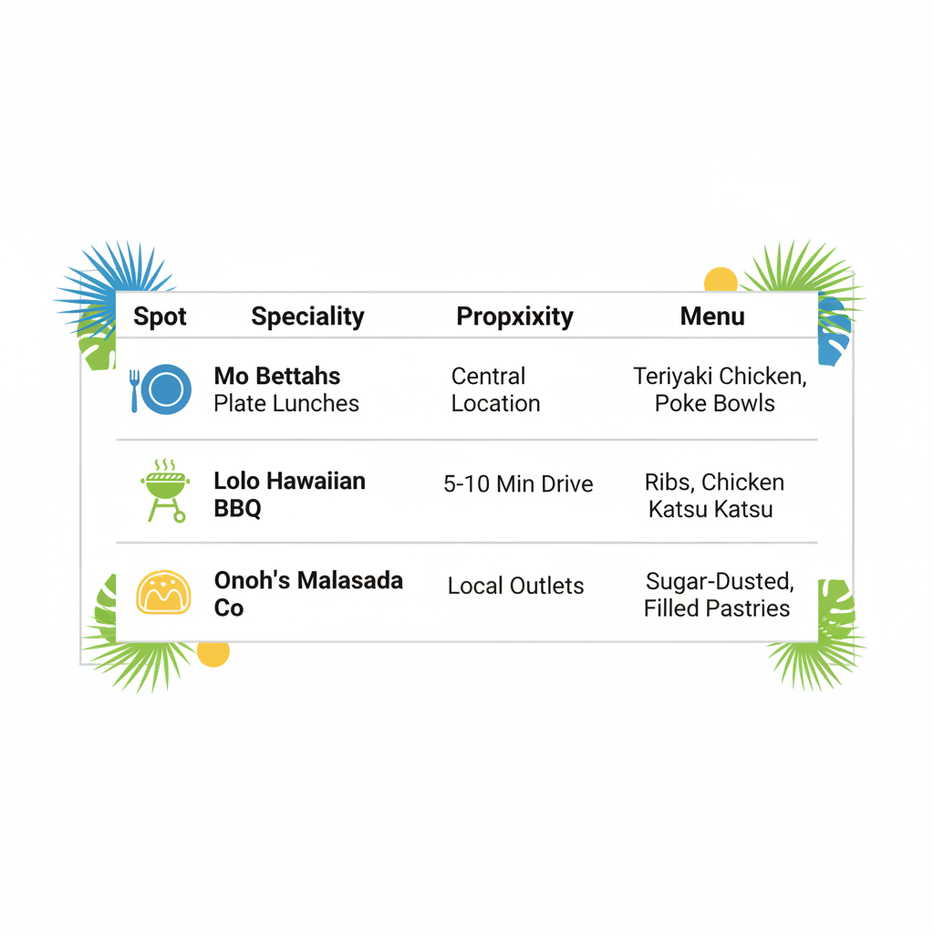 Infographic comparing top Hawaiian dining spots near Pleasant Grove, Utah, including specialties, proximity, and key menu items