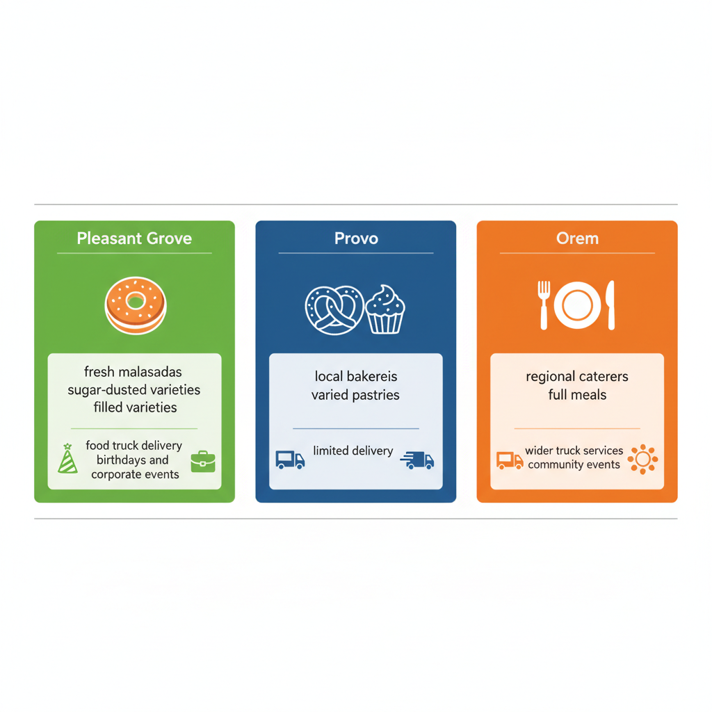 Infographic comparing catering options in Pleasant Grove, Provo, and Orem, featuring Onoh's Malasada Co fresh malasadas and delivery services